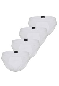 Slip in cotone bianco con una texture liscia, caratterizzati da un'etichetta nera in vita. Il set include quattro paia, ciascuno con un design classico.