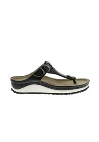 Black thong sandal featuring a rounded toe post, adjustable buckle, and cushioned footbed on a white wedge sole with a textured black outsole.