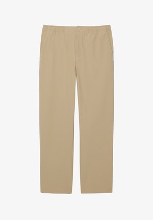 Beige straight-leg pants with elastic waistband, side pockets, and front button closure.