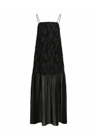 Juodas suknelė su plonais dirželiais, turinti tekstūruotą viršutinę dalį ir plazdantį satino sijoną. Audinys turi sluoksniuotą, burbulinį dizainą papildomam detalumui.