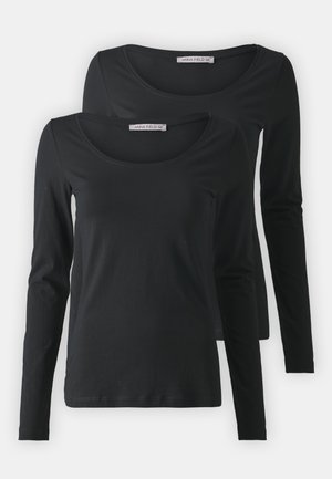 Two black long-sleeve shirts with scoop necklines. Made of soft cotton material, featuring a plain design and standard fit.
