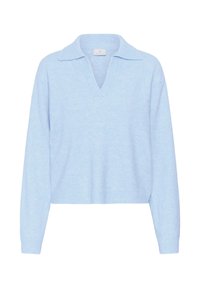 Pull-over bleu clair avec col en V et ourlet côtelé contrastant. Confectionné dans un tissu doux, il présente un col classique et une coupe ample.