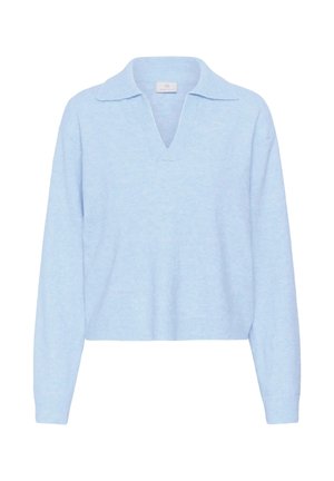 Hellblauer Pullover mit V-Ausschnitt und kontrastierendem geripptem Saum. Hergestellt aus weichem Stoff, mit klassischem Kragen und lockerem Schnitt.