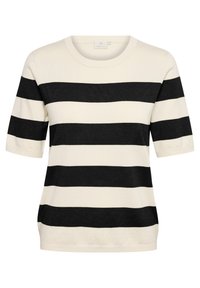 T-shirt en tricot à manches courtes avec de larges rayures horizontales noires et blanches et un col rond.