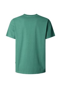 Jednofarebné zelené tričko s krátkym rukávom, zobrazené zozadu, s okrúhlym výstrihom a rovnou lemem.