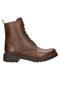 Bottine en cuir marron avec une surface texturée, bout rond et design à lacets. Semelle en caoutchouc épaisse pour adhérence et durabilité.