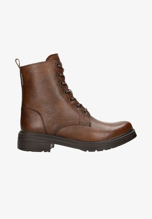 Bruine leren enkelboot met een textuur, ronde neus en vetersluiting. Dikke rubberen zool voor grip en duurzaamheid.