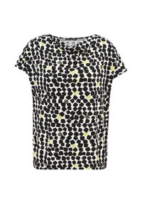 Korte mouwen top in een lichte stof met een zwart-wit abstract patroon en gele en groene accenten. Ronde hals, casual pasvorm.