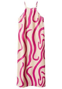 Vestido sin mangas en un suave color beige con atrevidos patrones magenta en forma de olas; material ligero, corte en A y tirantes finos.