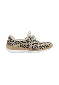 Sneaker con stampa leopardata, upper in tessuto beige, suola bianca leggera e midsole testurizzato simile al sughero. Dotata di lacci elastici per una facile vestibilità.