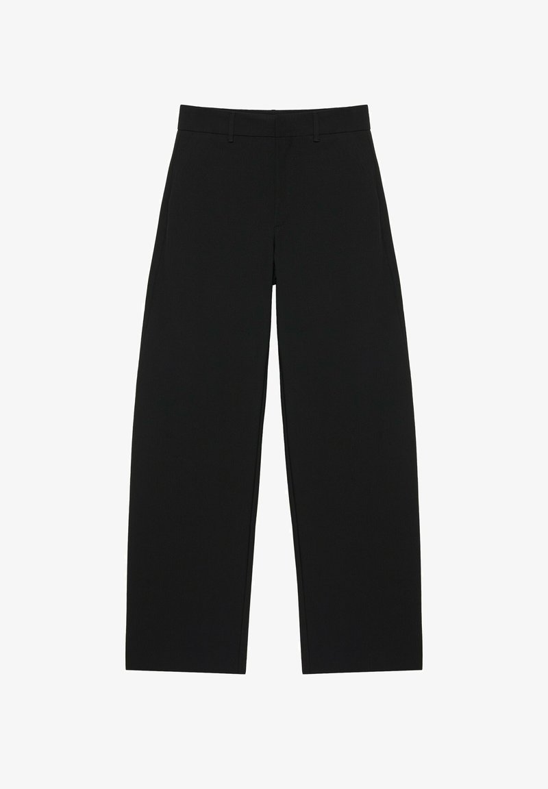 Pantalon noir à jambes larges avec passants pour ceinture et taille haute, présenté à plat sur fond blanc.