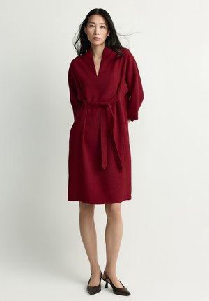 Woman with long black hair wearing a knee-length red dress with a belt, standing against a plain light background with black heels.