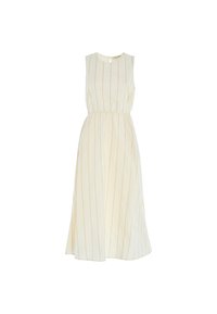 Abito senza maniche di un leggero beige con strisce oro verticali, vita arricciata e silhouette a campana, con dettaglio a oblò sul retro.
