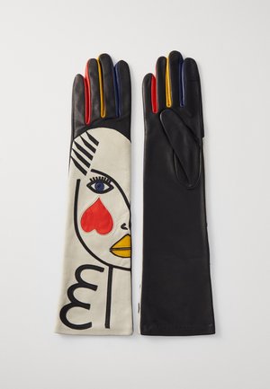 Black leather gloves featuring a white fabric panel with a graphic design of a face, red heart, and colorful fingertips in red, blue, and yellow.