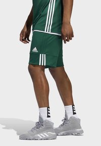 Grüne Sportshorts mit drei weißen Streifen an der Seite, kombiniert mit grauen Sneakers, die ebenfalls drei weiße Streifen und strukturierte Sohle haben.