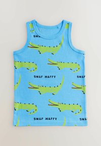 Lys blå ærmeløs tanktop med et legende mønster af grønne krokodiller og teksten "SNAP HAPPY" i sort. Lavet af blødt stof.