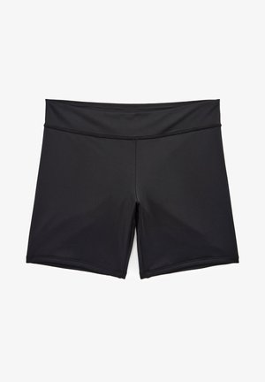 Mustad mustad ujumishortsid elastsetest materjalidest, millel on lai elastne vöökoht ja sile tekstuur, ilma mustrite või kaunistusteta.