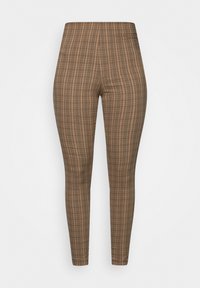 Bruna rutiga leggings med en elastisk, figurnära design och subtila vertikala linjer samt ett elastiskt midjeband.