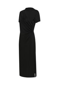 Black dress with short sleeves, featuring draping on one side, side slit, and a fitted silhouette. Made from a lightweight, smooth fabric.