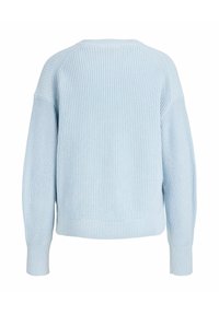 Suéter de malha azul claro com um padrão texturizado, punhos e barra canelados, e um corte descontraído. Apresenta mangas raglan e um decote redondo simples.