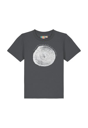 Graues T-Shirt mit kurzen Ärmeln, das ein weißes Grafikdesign eines Baumrings zeigt, mit dem Text: "Das Leben geht immer im Kreis." Aus Baumwollmischgewebe.