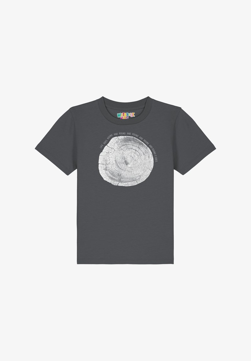 Graues T-Shirt mit kurzen Ärmeln, das ein weißes Grafikdesign eines Baumrings zeigt, mit dem Text: "Das Leben geht immer im Kreis." Aus Baumwollmischgewebe.