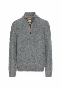 Grijze gebreide sweater met een hoge kraag, kwart-ritssluiting en geribbelde manchetten. Heeft een textuurpatroon en een leren ritstrekkertje.
