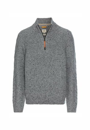 Gray knitted sweater with a high collar, quarter-zip closure, and ribbed cuffs. Features a textured pattern and a leather zipper pull.