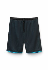 Czarne siatkowe kąpielówki z elastycznym paskiem, z jasnoniebieskim wykończeniem na dole i małymi perforacjami na całej tkaninie.