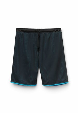 Černé síťované plavky s šňůrkou v pase, s jemně modrým lemem na spodním okraji a malými perforacemi v celém materiálu.