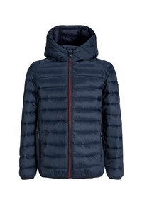 Marinblå dunjacka med huva, med quiltat mönster, röd dragkedja och två sidofickor. Slät yta med en lätt finish.