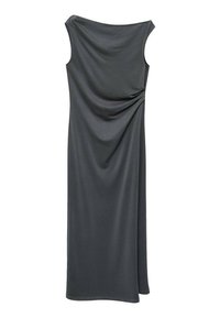 Gray draped maxi dress with an off-shoulder neckline, smooth fabric texture, and a gathered detail at the waist for a flowing silhouette.