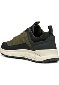 Men's sneaker in olive green and black with mesh and synthetic upper, padded collar, and cushioned white midsole with textured black outsole.