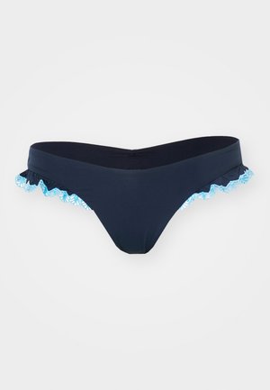 Navy bikini bottom featuring a ruffled edge with a light blue floral pattern. Smooth fabric with a v-shaped front design.