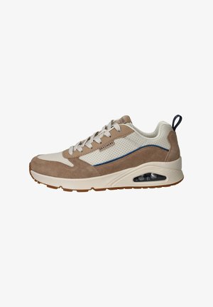 Beige suède en mesh sneaker met witte accenten, voorzien van een gevoerd zool en een transparante luchtzak in de hak, vetersluiting.