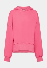 Rosa huvtröja med avslappnad passform, långa ärmar, ribbade ärmslut och nederkant, tillverkad av mjukt tyg med en slät textur.