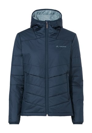 Giubbotto puffa blu navy con chiusura a zip, cappuccio, cuciture a zig zag e fodera interna azzurro chiaro. Presenta il logo sul lato sinistro superiore.