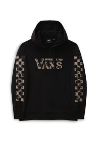 Felpa nera di Vans con un grande logo frontale beige, motivo grafico a scacchi sulle maniche, tasca a marsupio e cappuccio con cordino.