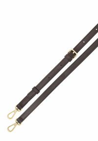 Regulowany pasek torby z ciemno-brązowej skóry z złotymi obrotowymi hakami i klamrą na białym tle.