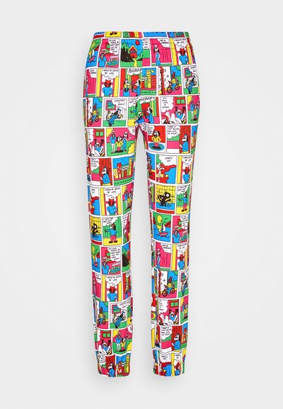 Calças estampadas com um design de banda desenhada, apresentando cores vivas como vermelho, azul e verde. O material parece liso e com um formato ajustado.