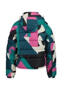 Multikleurige pufferjack met een geometrisch patroon in teal, roze, zwart en crème. Voorzien van een capuchon en elastische manchetten.