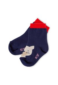 Marineblaue Socken mit roten Bündchen, die ein helles Bärenmuster und eine pinke Größenangabe aufweisen. Hergestellt aus einem weichen, dehnbaren Textil.