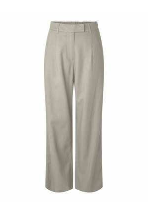 Pantalon beige à jambes droites avec passants de ceinture, plis sur le devant et ceinture élastique au dos, présenté sur fond blanc.