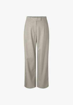 Pantalon beige à jambes droites avec passants de ceinture, plis sur le devant et ceinture élastique au dos, présenté sur fond blanc.