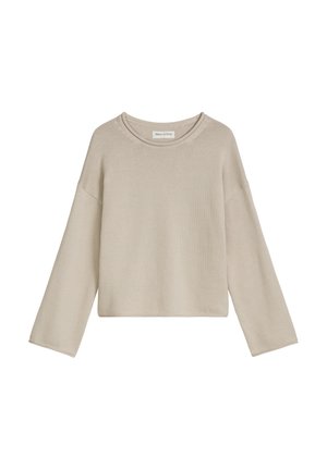 Pull beige court avec un col rond, manches longues et texture côtelée. L'étiquette indique "Marc O'Polo". Sans motifs ni accents.