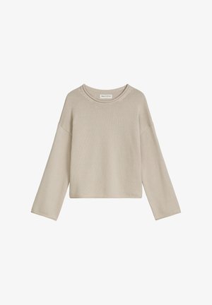 Pull beige court avec un col rond, manches longues et texture côtelée. L'étiquette indique "Marc O'Polo". Sans motifs ni accents.