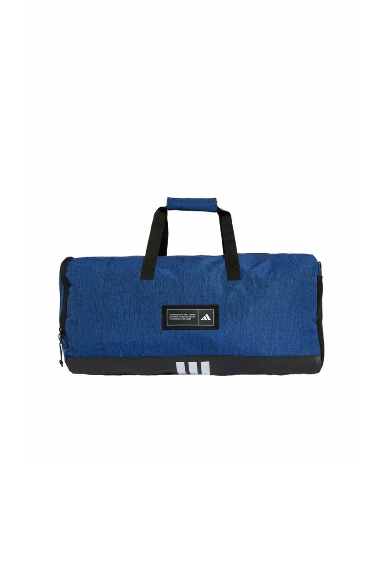 Blue sports duffel bag with black accents, zip closure, two carry handles, and a logo patch. Features three white stripes on the bottom.