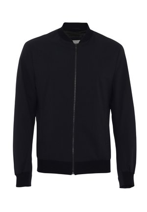 Veste bomber noire avec fermeture éclair intégrale à l'avant, col côtelé, poignets et ourlet, présentée sur un fond blanc.