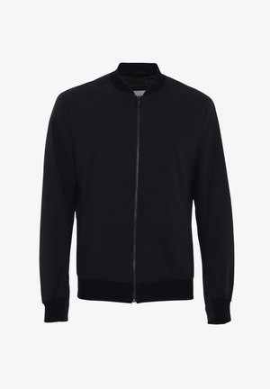 Veste bomber noire avec fermeture éclair intégrale à l'avant, col côtelé, poignets et ourlet, présentée sur un fond blanc.