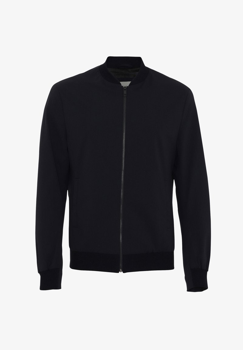 Veste bomber noire avec fermeture éclair intégrale à l'avant, col côtelé, poignets et ourlet, présentée sur un fond blanc.